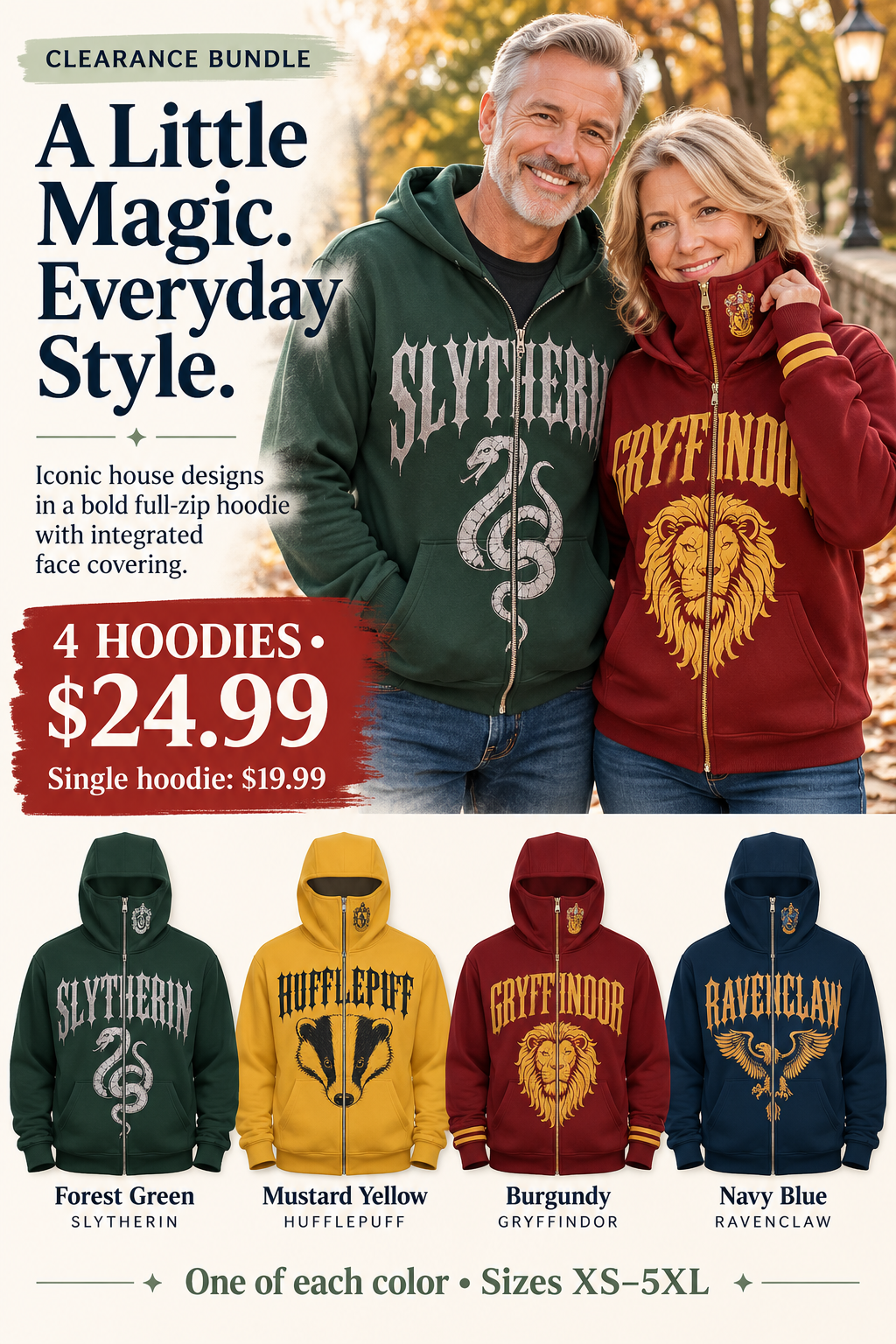 Four graphic zip-up hoodies, one of each color, for $24.99. Single hoodie $19.99. Sizes XS to 5XL.