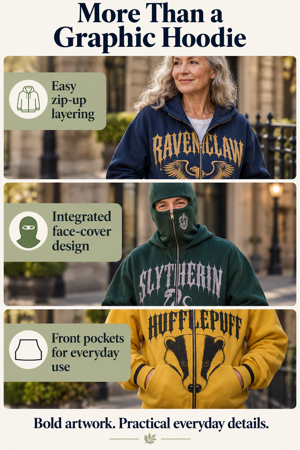 Graphic hoodie details: full zipper, integrated face-cover neckline and front pockets.