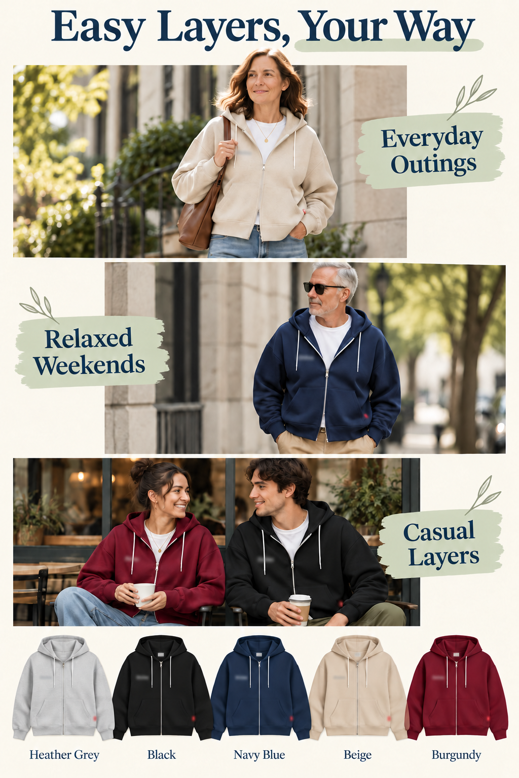 styling — five-color zip hoodie bundle