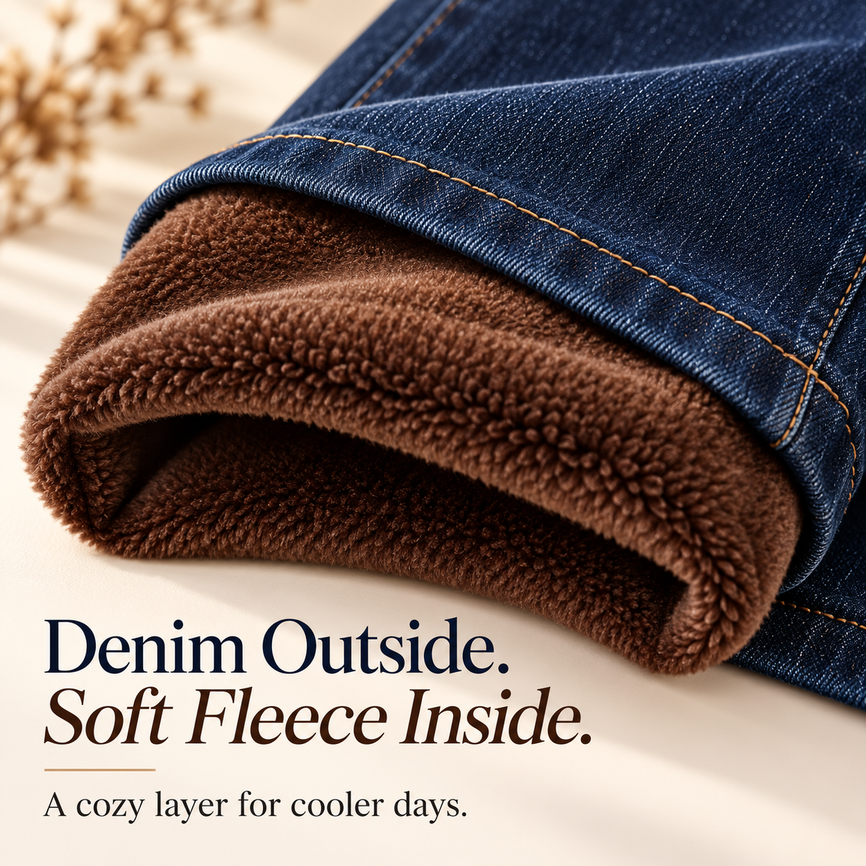 Turned-back dark denim hem revealing soft brown fleece lining