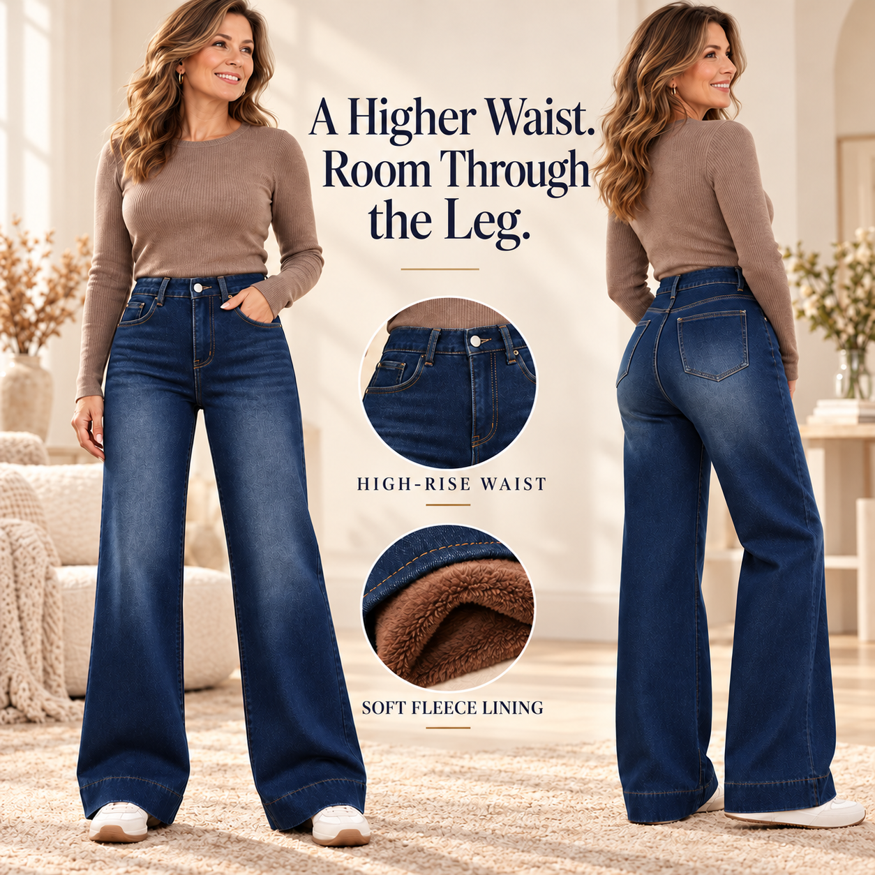 Front and back three-quarter model views showing the high waist and wide-leg cut