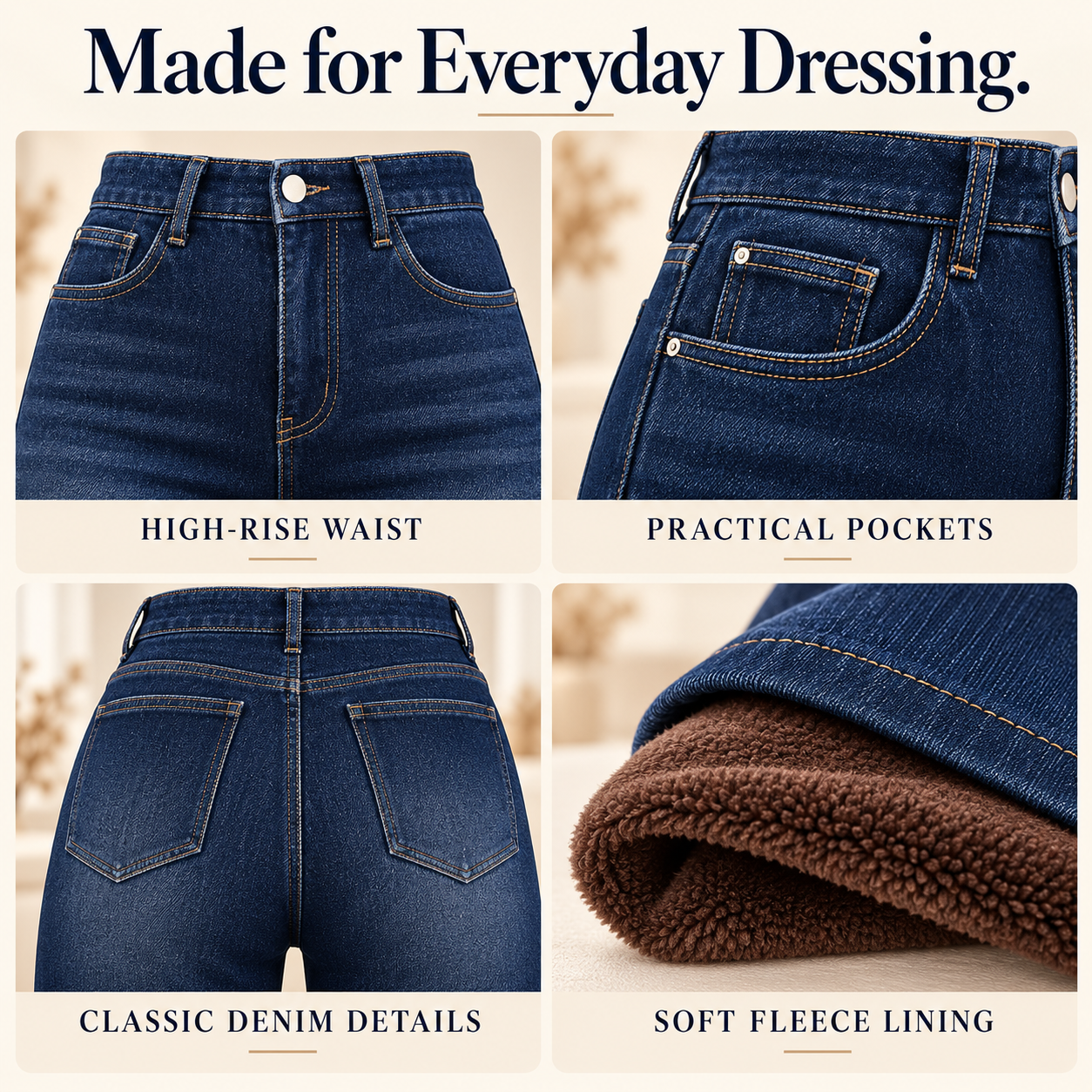 Four close-ups of the high-rise waistband, front pockets, rear pockets and fleece-lined hem
