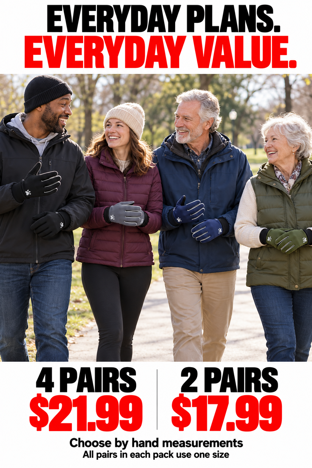 Illustrative scene of men and women of different adult ages and body builds wearing the four glove colors.
