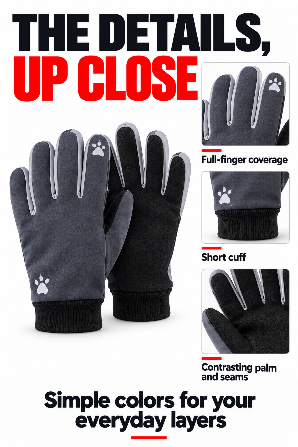 Full fingers, short cuffs, dark palms and contrast seams on the reference glove design.