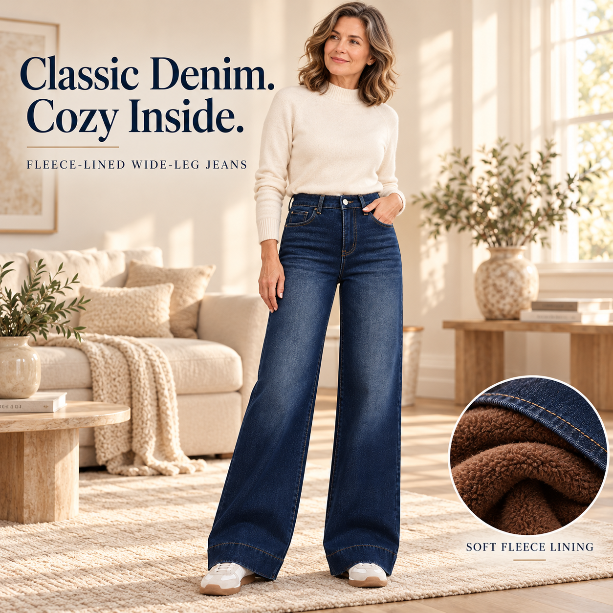 Dark-indigo jeans with an ivory knit and white sneakers