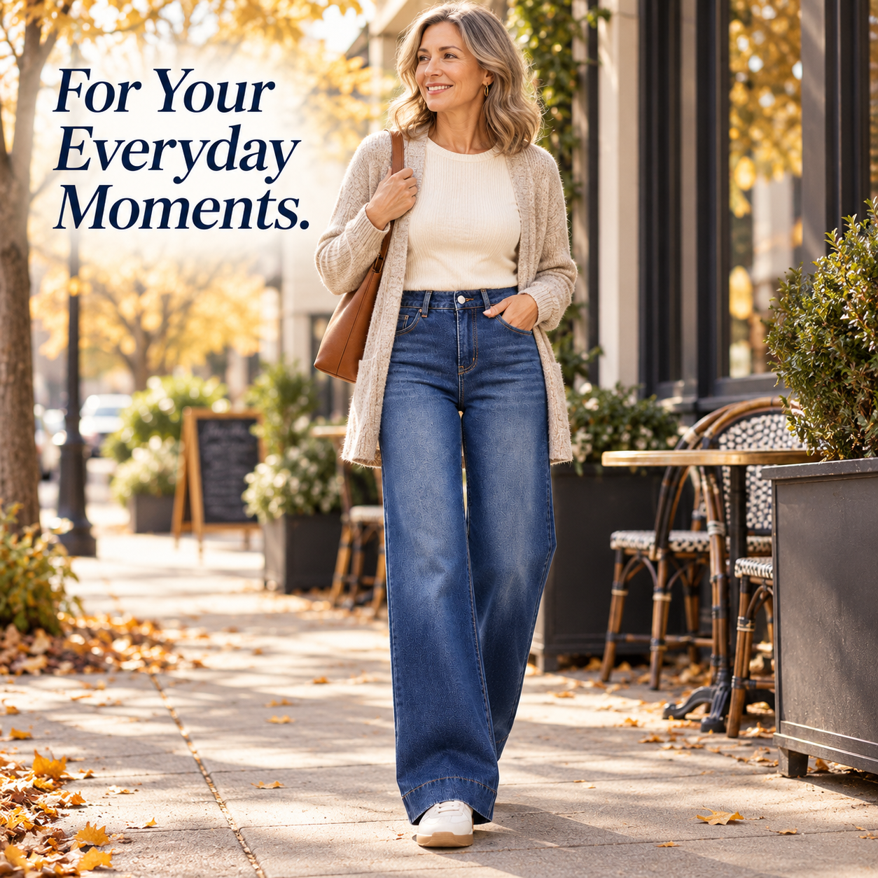 Classic-blue jeans with an open cardigan for casual outings