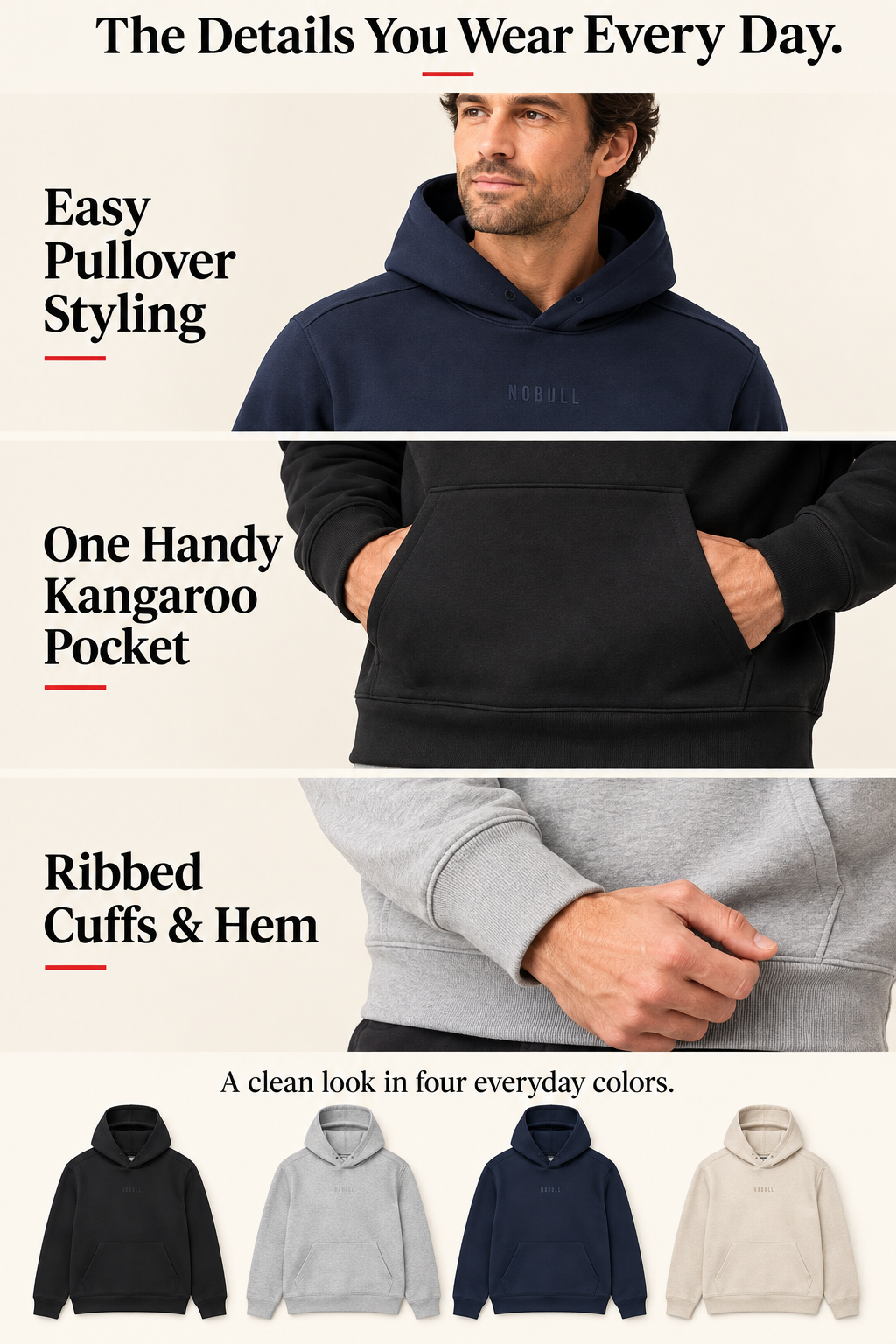 Pullover hoodie details: hooded neckline, a single kangaroo pocket, and ribbed cuffs and hem.