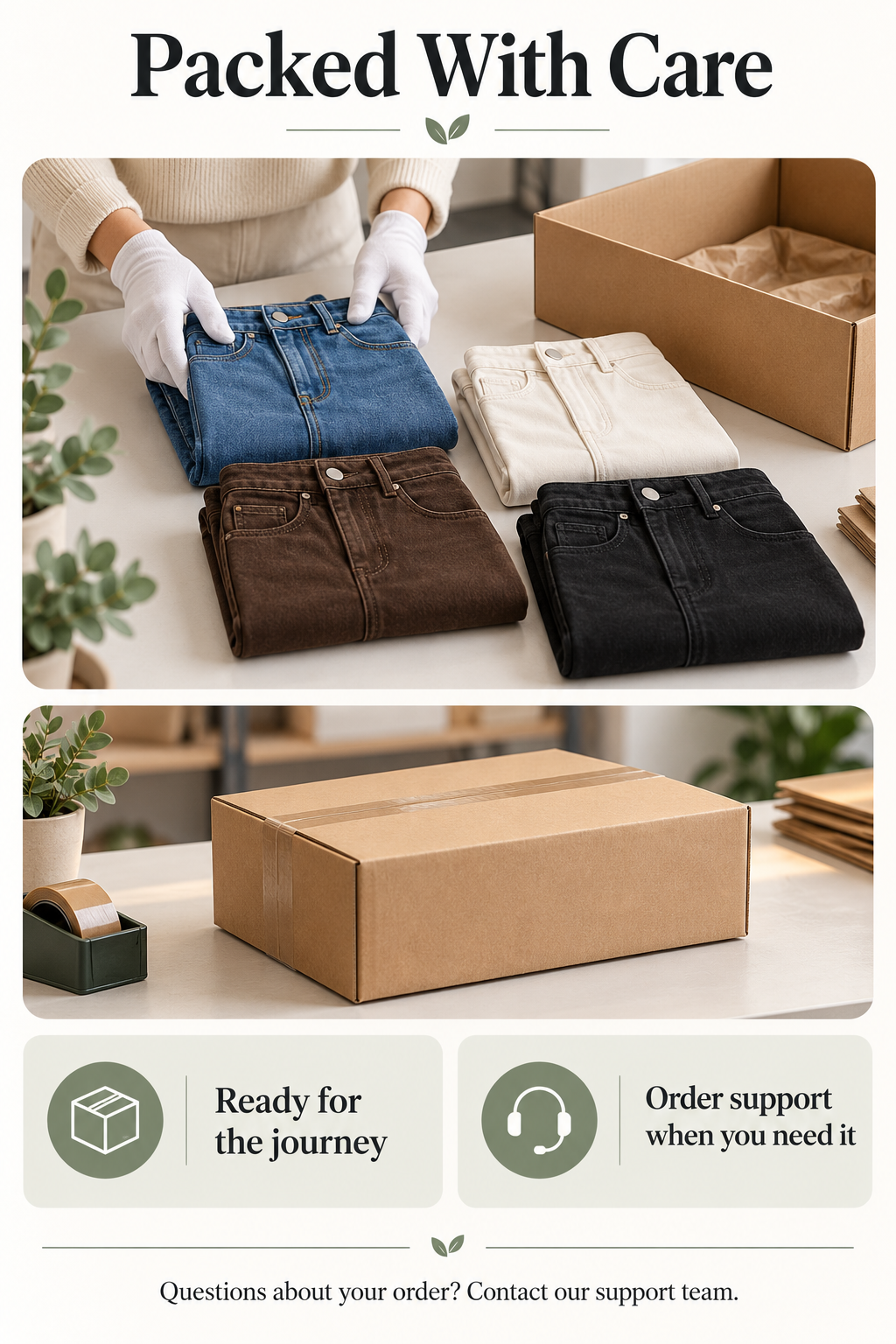 Four pants colors folded and carefully packed in a plain parcel, with order support information.