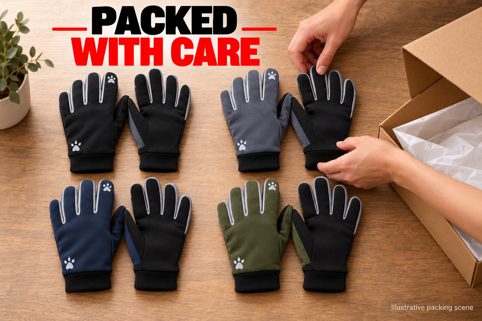 Illustrative scene of a four-color glove bundle being packed.