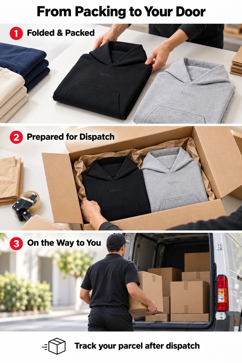 Hoodies folded and packed, prepared for dispatch and loaded for delivery. Track your parcel after dispatch.