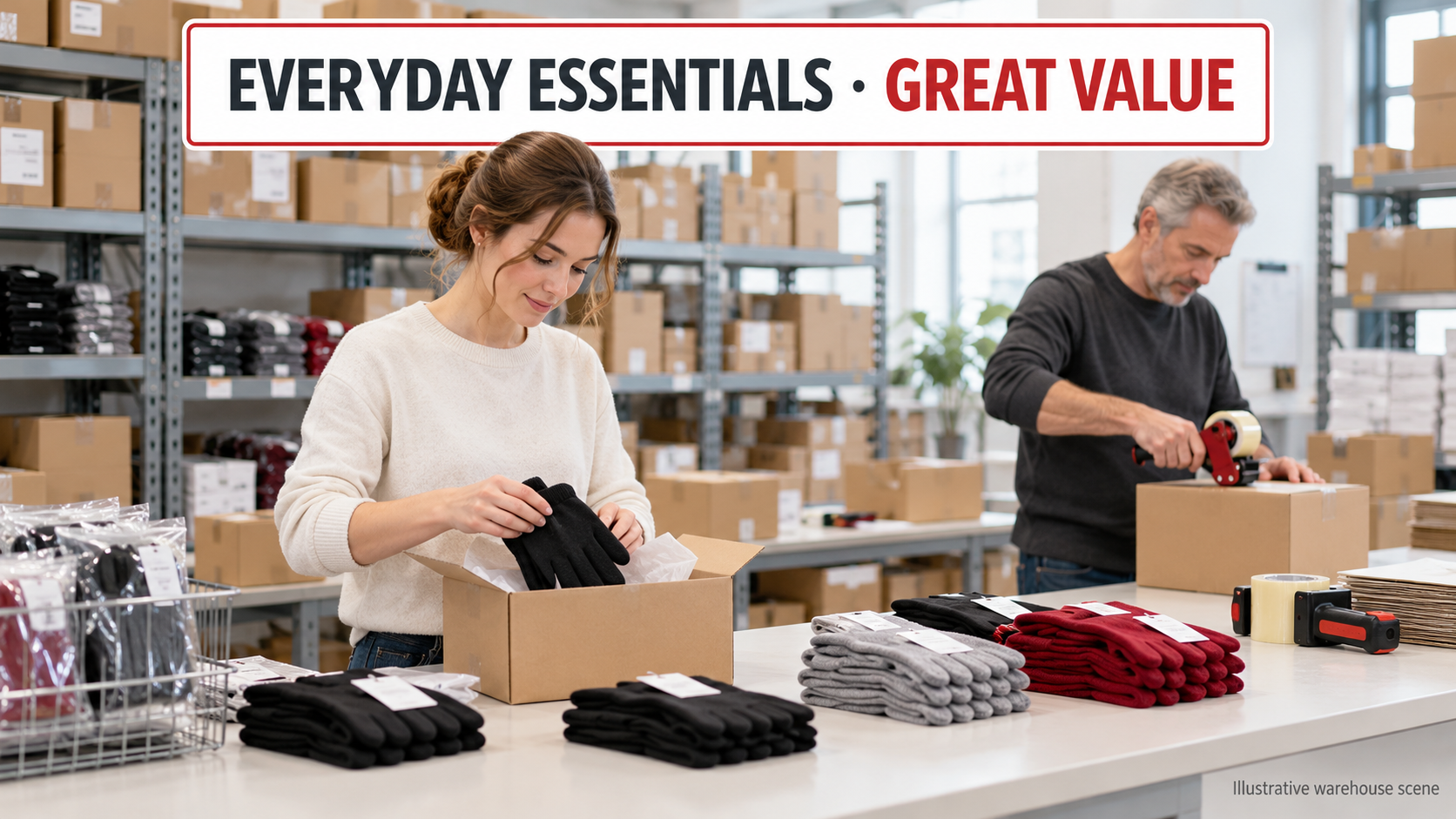 Illustrative warehouse scene for everyday glove essentials.