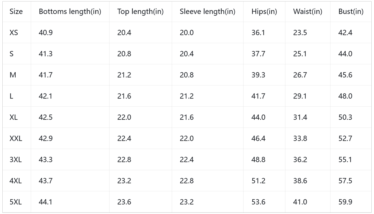 Women's two-piece set size chart in inches