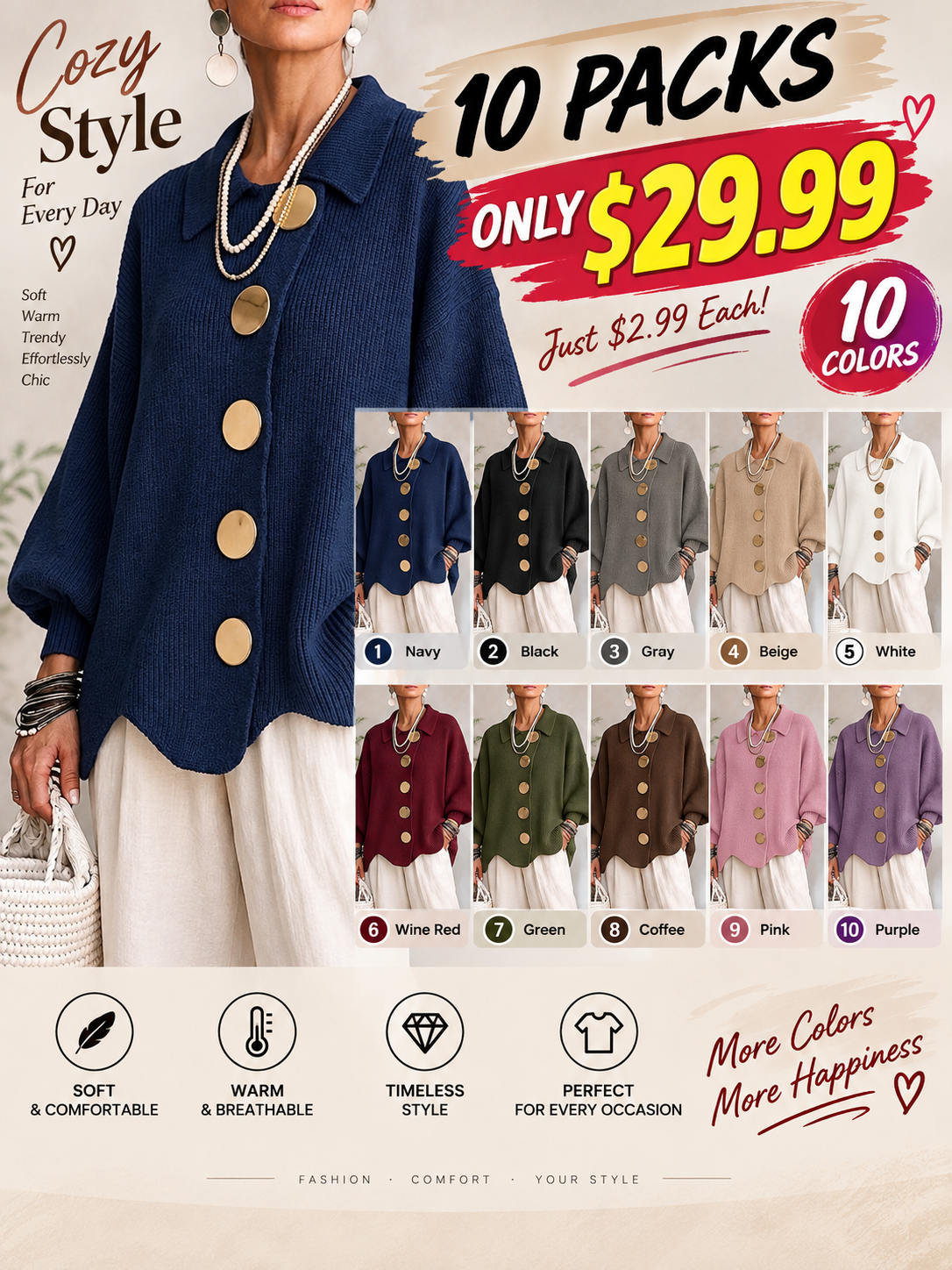 🤲LAST DAY SAVE 49% ⏰Oversized Collared Knit Cardigan With Large Metal Buttons