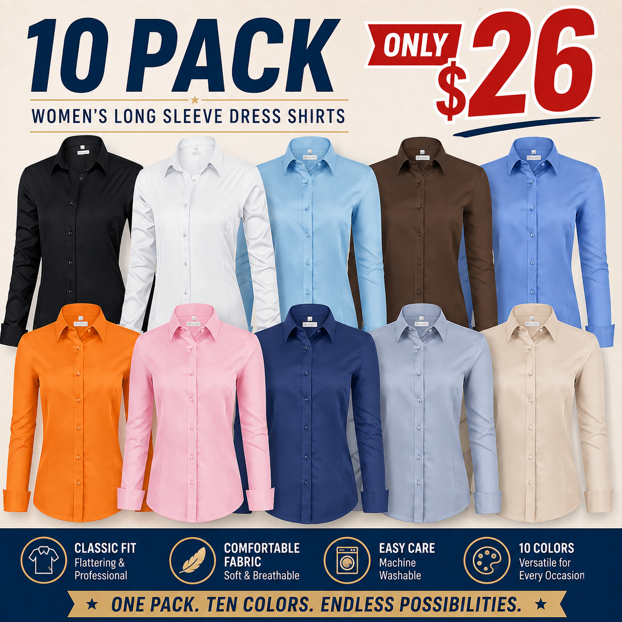 💚 LIMITED-TIME CLEARANCE ⚡ 10 FOR ONLY $26.99! Women’s Classic-Fit Dress Shirts – Elegant Everyday Button-Down Tops