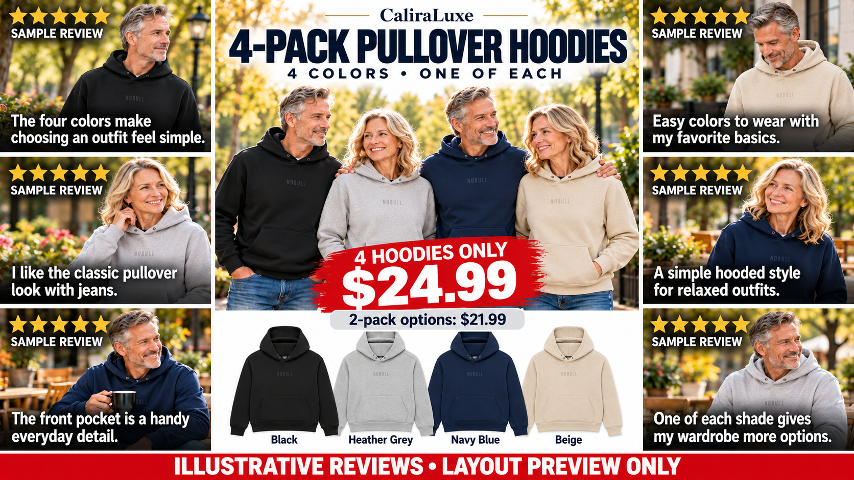 Illustrative sample-review collage for four pullover hoodies at $24.99, with 2-pack options at $21.99. The image is labeled SAMPLE REVIEW and LAYOUT PREVIEW ONLY.