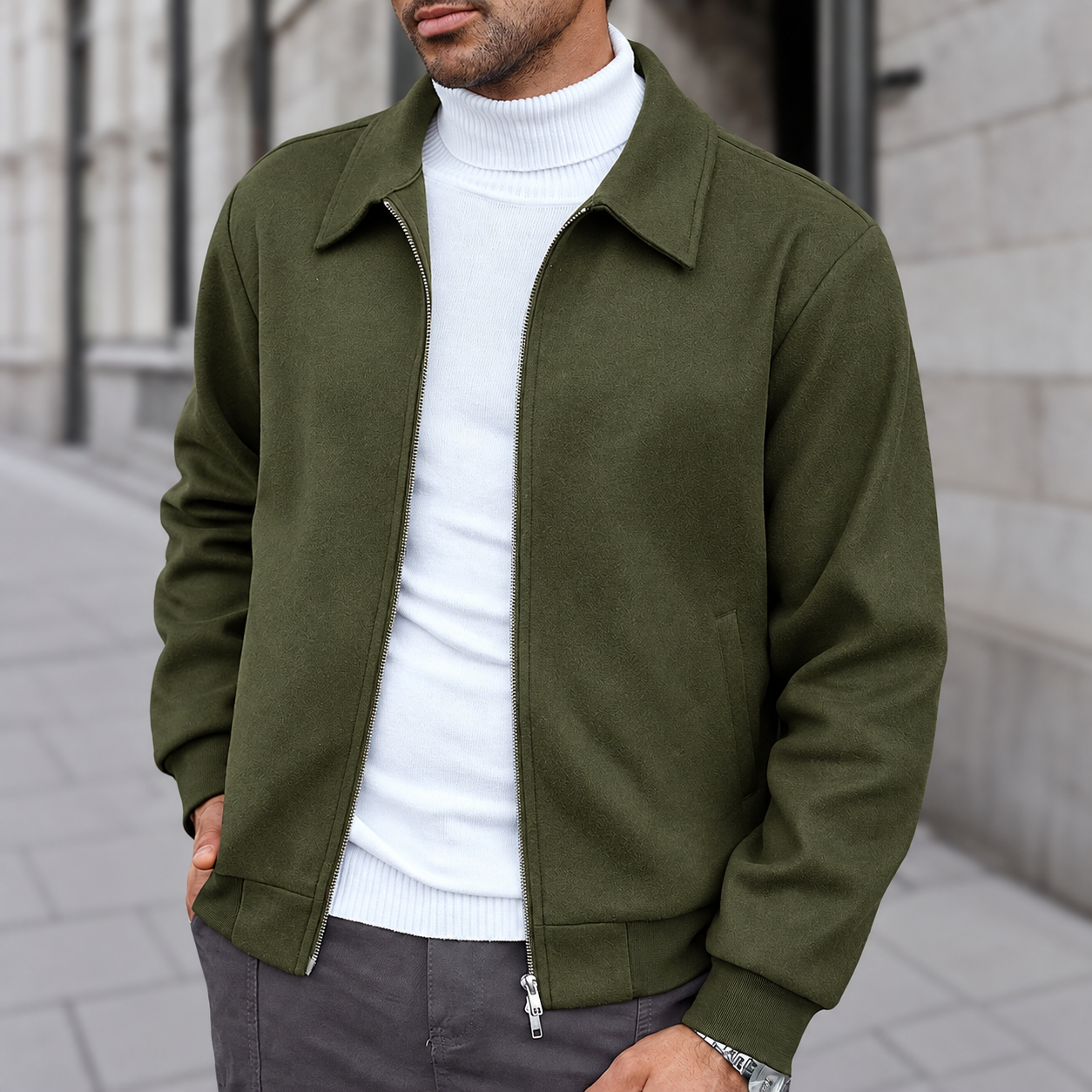 Men's zip-up jacket style detail