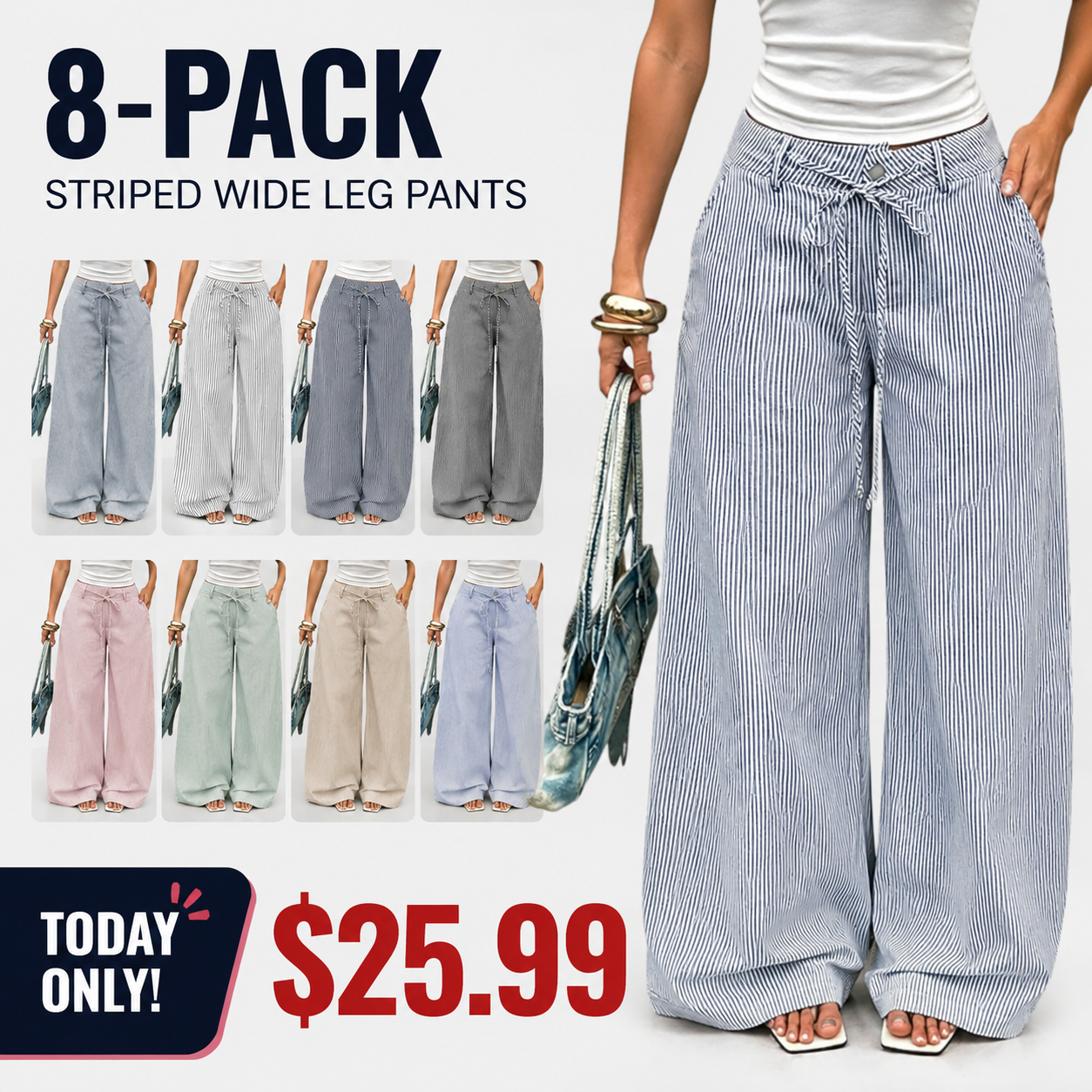 🔥 8 FOR ONLY $25.99! Women’s Striped Baggy Wide Leg Pants with Pockets – Limited-Time Deal