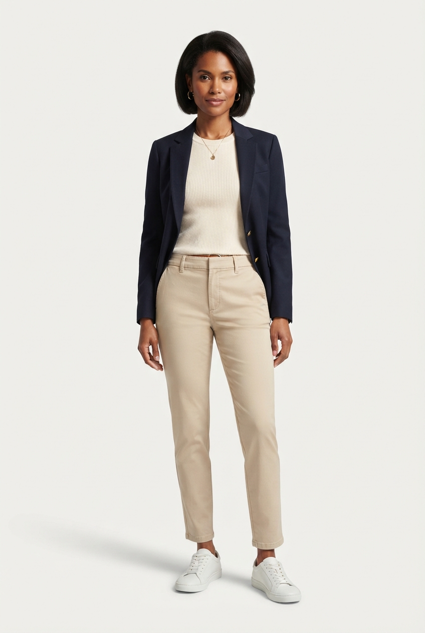 Beige wide-leg tailored pants on model