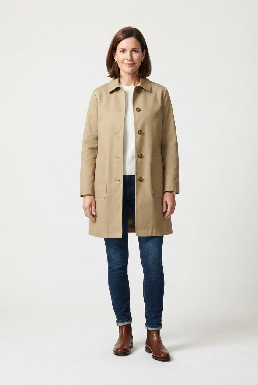 Khaki trench coat on model standing