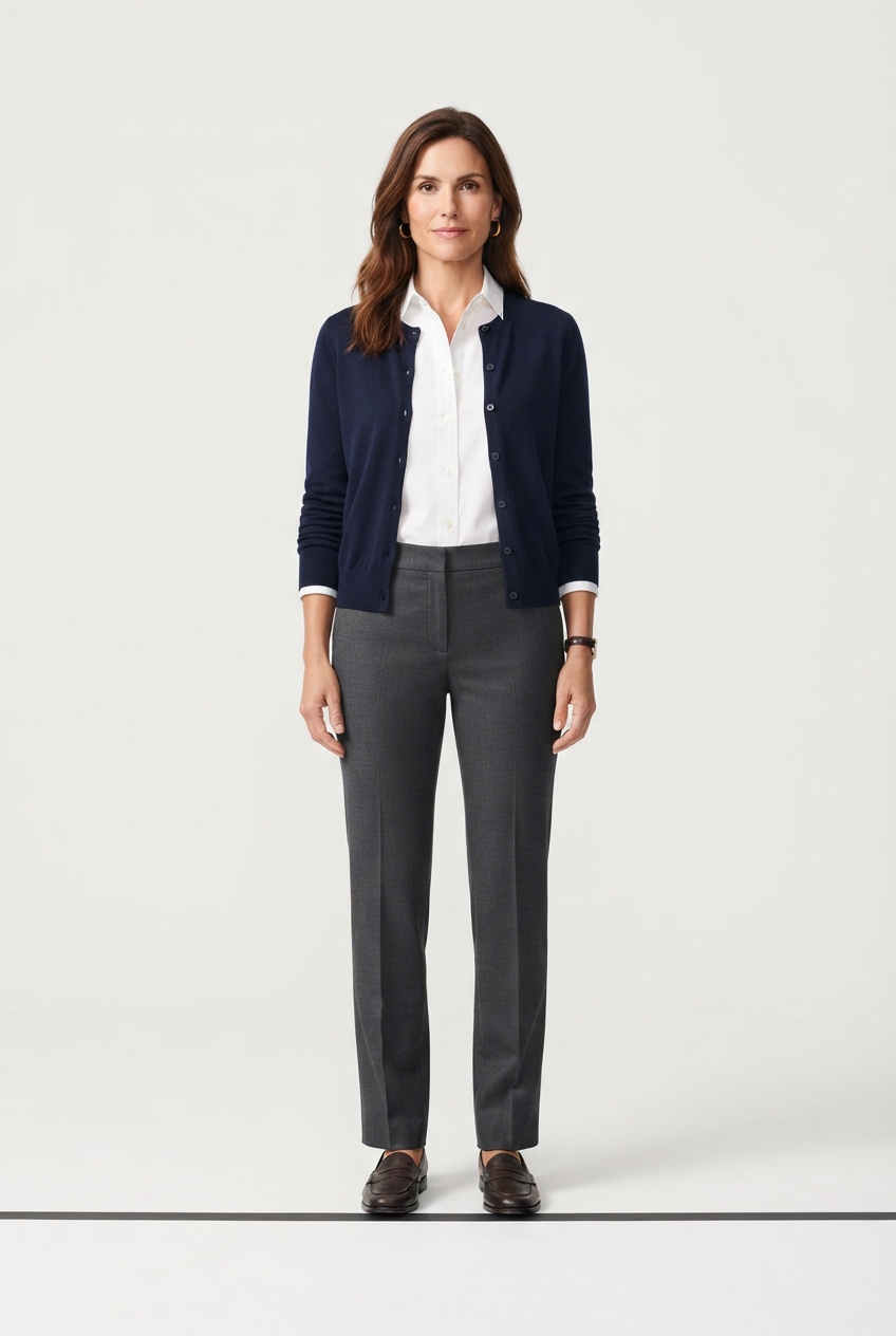 Dark gray tapered pants on model