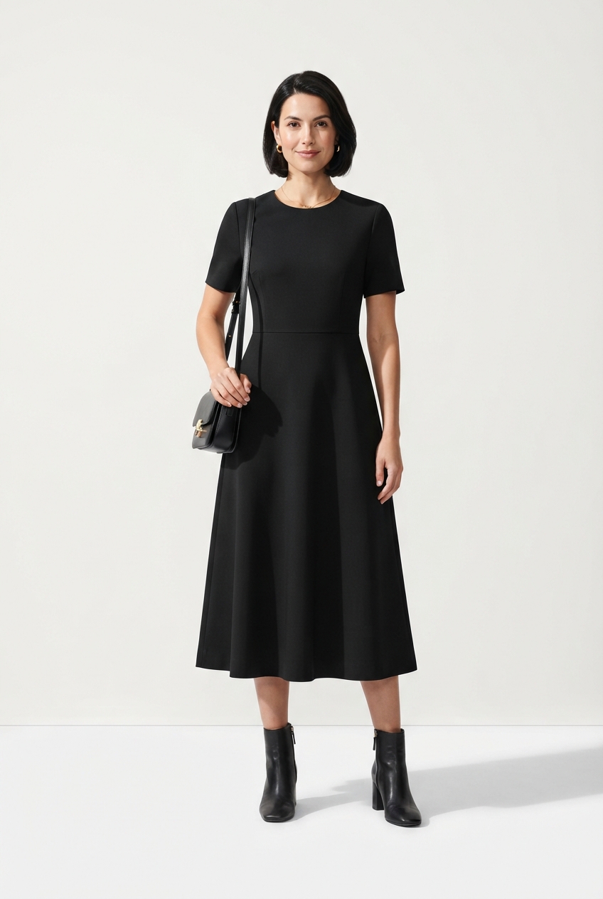 Minimalist black slip dress on model front view