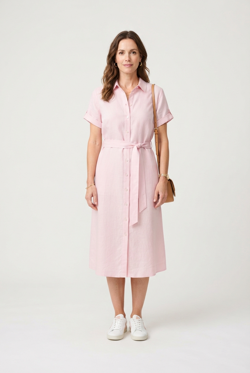 Light pink satin slip dress on model