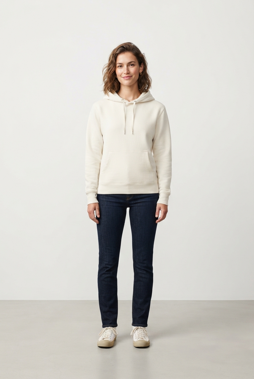 Ivory cropped hoodie on model front view