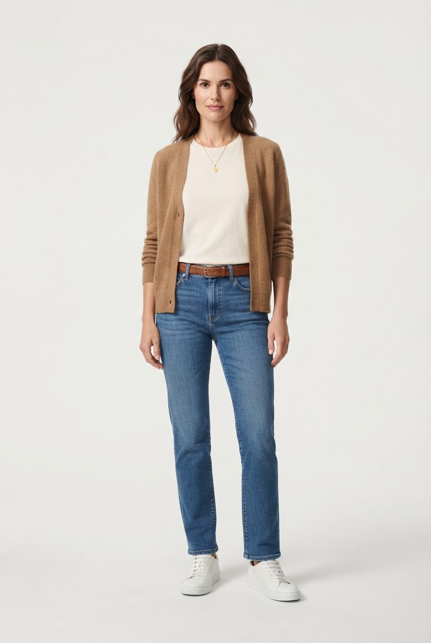 Blue straight-leg high-rise jeans on model
