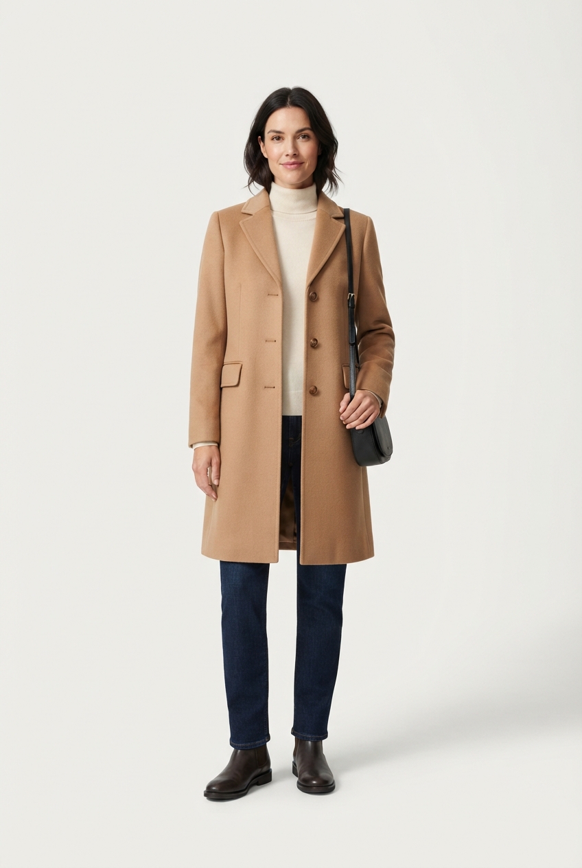 Camel long wool coat on model