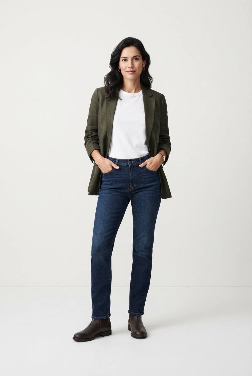 Dark blue slim straight jeans on model