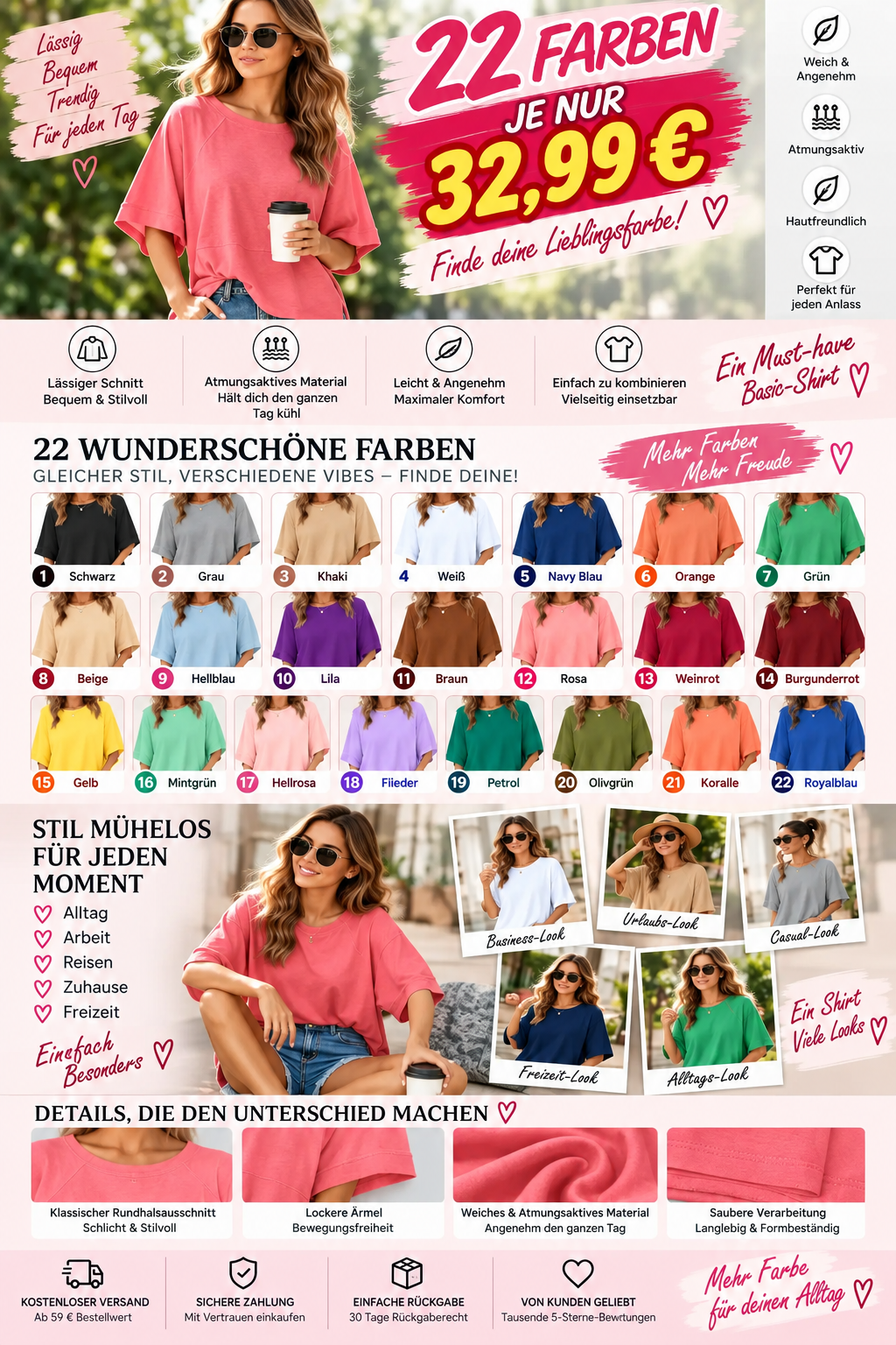🔥 22 FÜR NUR 32,99 €! Damen-Shirts mit Rundhalsausschnitt & lockerem Schnitt – 22 Farben zur Auswahl! Nur für kurze Zeit im SALE! 🛍️