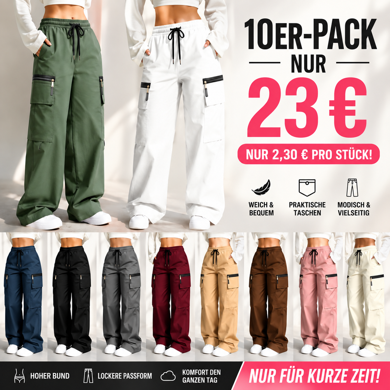 🔥 10 STÜCK FÜR NUR 23 €! Leichte Damen-Cargohosen im lockeren Schnitt mit vielen Taschen – 🔥 Nur für kurze Zeit im Räumungsverkauf!