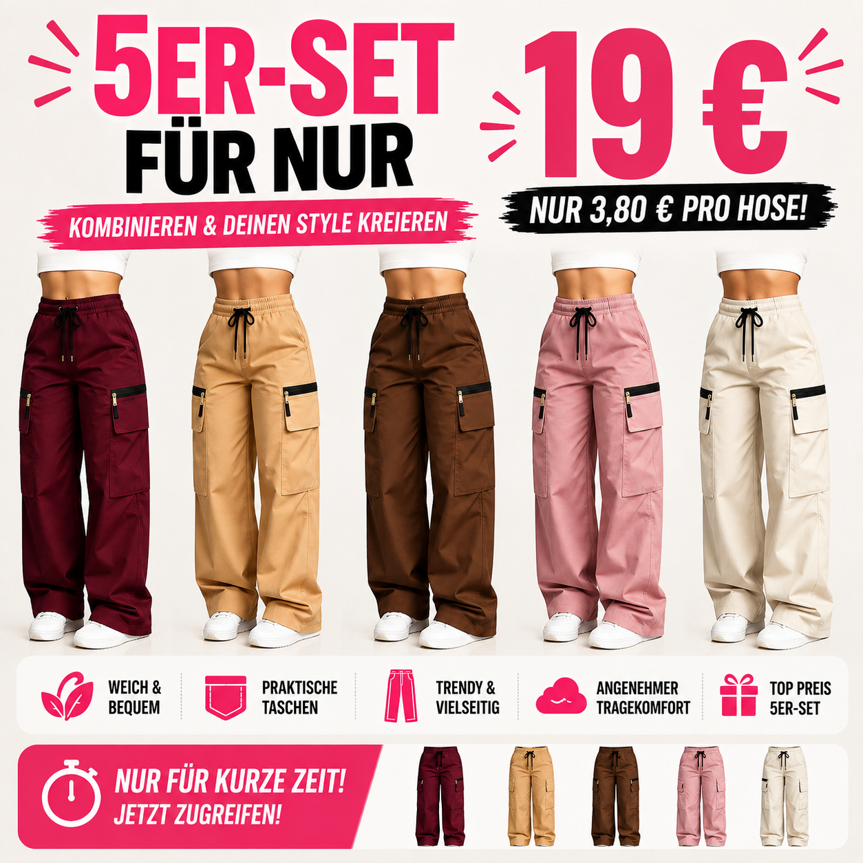 🔥 10 STÜCK FÜR NUR 23 €! Leichte Damen-Cargohosen im lockeren Schnitt mit vielen Taschen – 🔥 Nur für kurze Zeit im Räumungsverkauf!