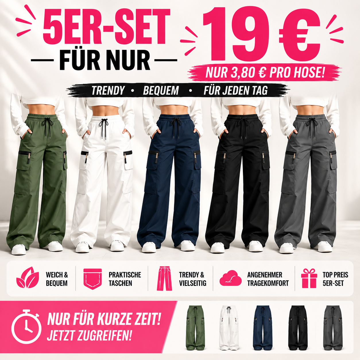 🔥 10 STÜCK FÜR NUR 23 €! Leichte Damen-Cargohosen im lockeren Schnitt mit vielen Taschen – 🔥 Nur für kurze Zeit im Räumungsverkauf!