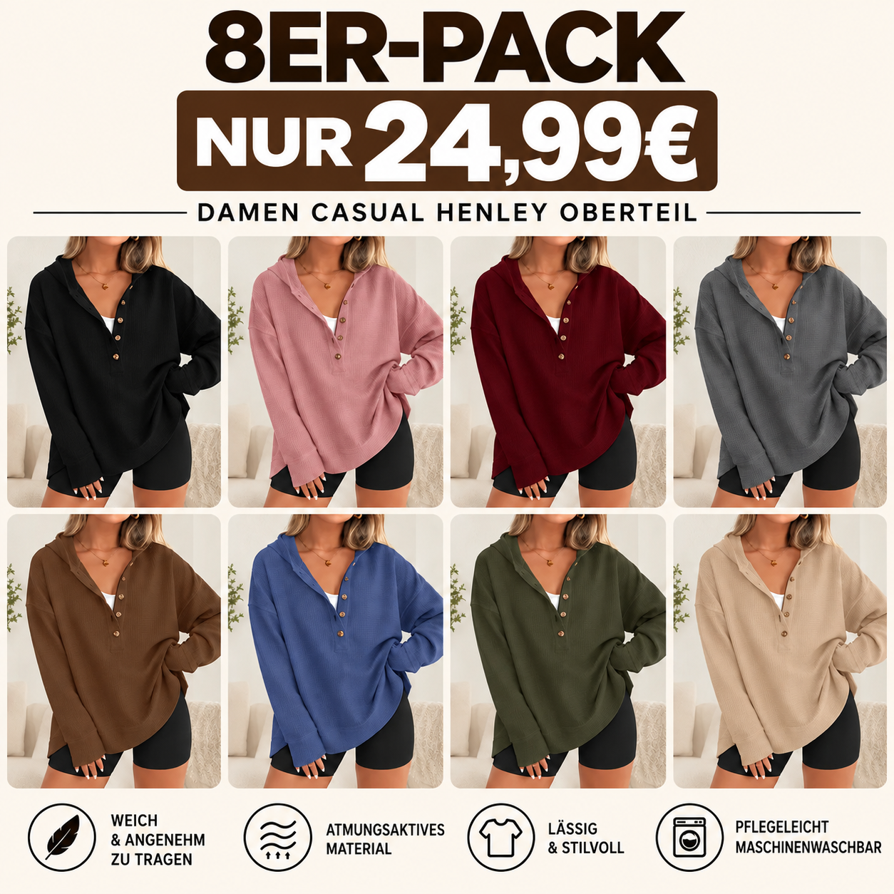 🔥 8 Hoodies für nur 2,99 €! Oversize-Hoodie für Damen mit V-Ausschnitt – lässiger Schnitt, Seitenschlitze und Knopfleiste. 