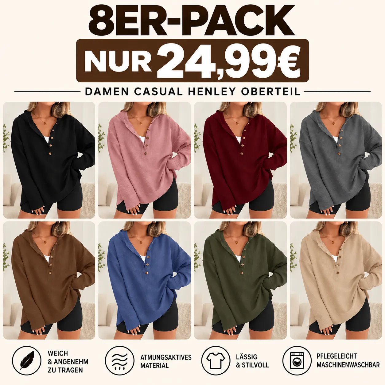 🔥 8 STÜCK FÜR NUR 24,98 €! Oversize-Damen-Hoodie mit V-Ausschnitt – lässiger Pullover mit Knopfleiste und seitlichen Schlitzen