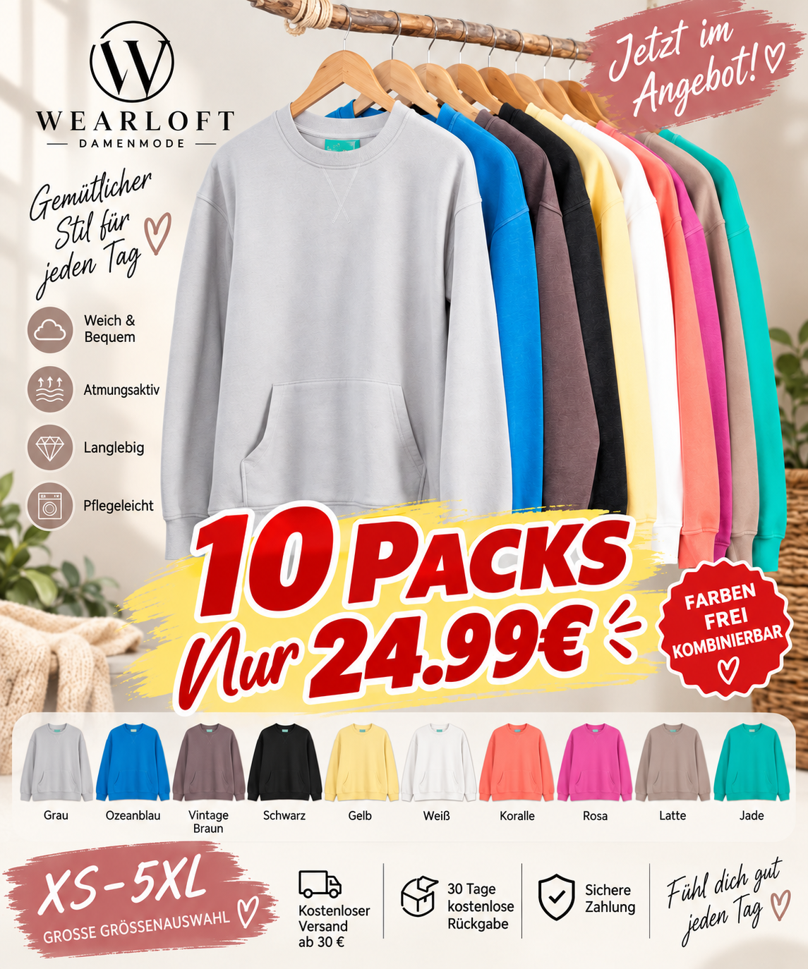 🔥 LETZTER TAG DES HERBST-SALES | 10 STÜCK FÜR NUR 24,99 €! Gemütliche Damen-Sweatshirts mit Rundhalsausschnitt im angesagten Pigment-Dye-Look