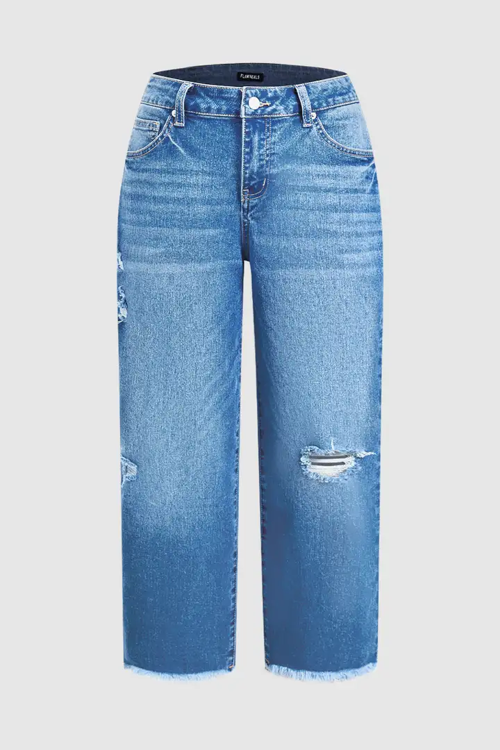 Wash Raw Hem Ripped Mid Waist Straight Leg Crop Jeans Without Belt