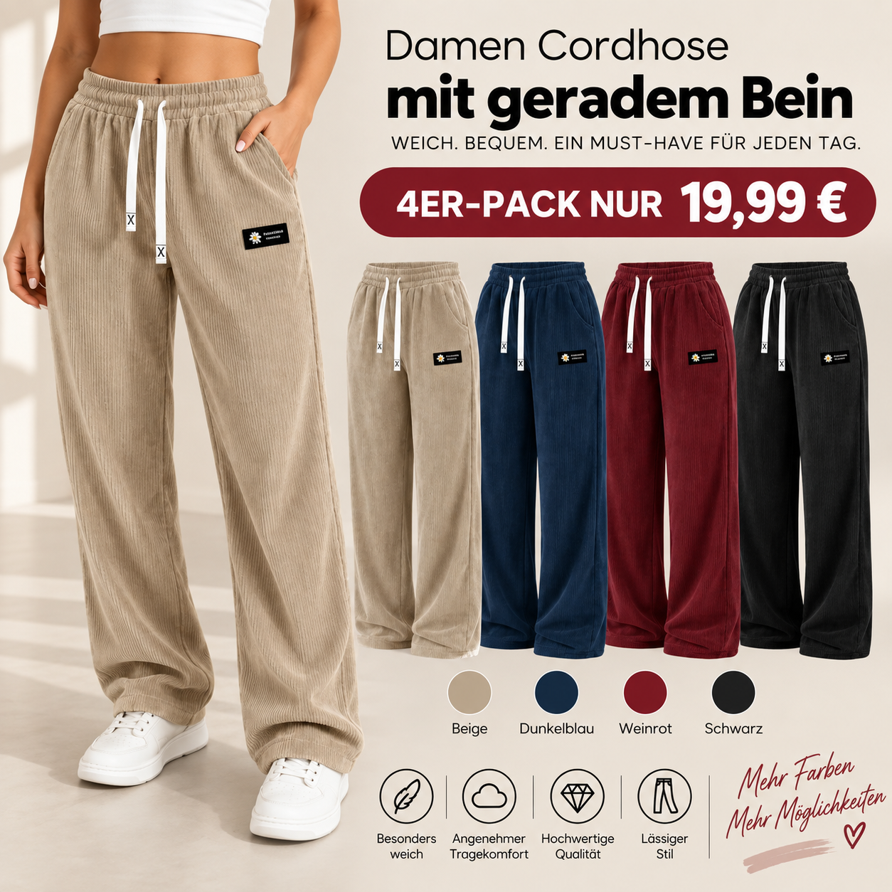 🔥9 Stück für nur 24,99 €! Damen-Cordhosen mit geradem Bein – Kordelzug im Bund, lässiger Stil, für alle Jahreszeiten geeignet.