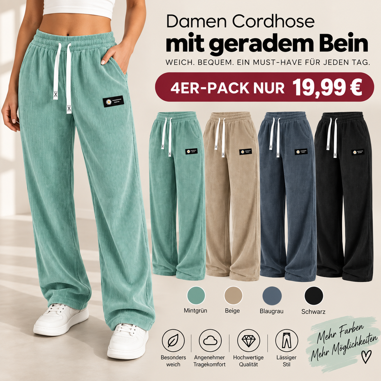 🔥9 Stück für nur 24,99 €! Damen-Cordhosen mit geradem Bein – Kordelzug im Bund, lässiger Stil, für alle Jahreszeiten geeignet.