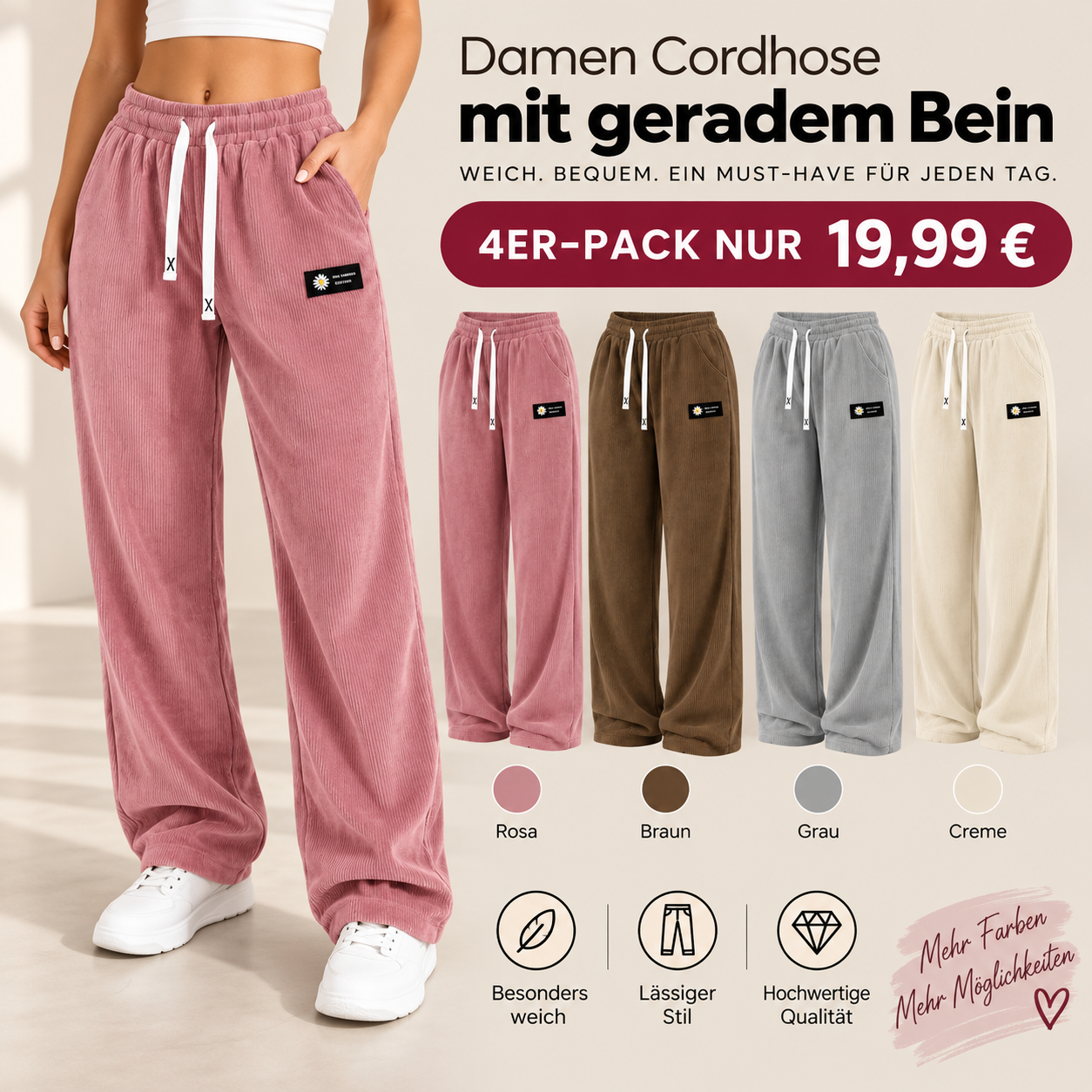 🔥9 Stück für nur 24,99 €! Damen-Cordhosen mit geradem Bein – Kordelzug im Bund, lässiger Stil, für alle Jahreszeiten geeignet.