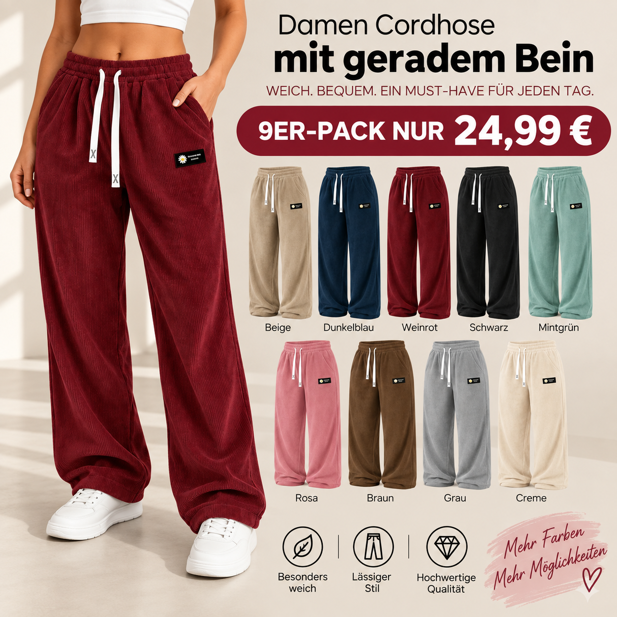 🔥9 Stück für nur 24,99 €! Damen-Cordhosen mit geradem Bein – Kordelzug im Bund, lässiger Stil, für alle Jahreszeiten geeignet.