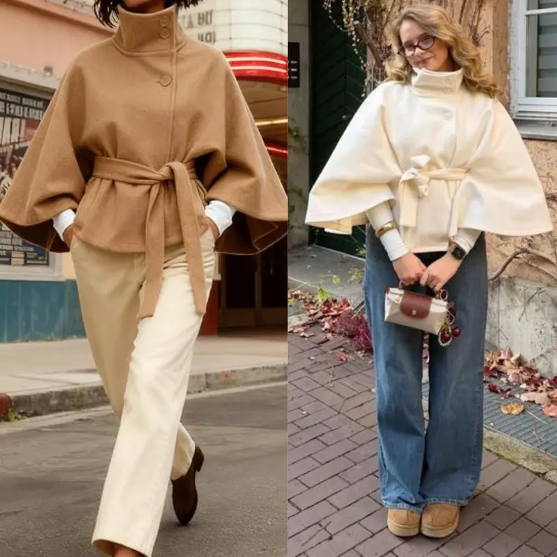 YeeZaa Poncho Pea Coat for Women Wool Blend Oversized Belted 2026 Fashion Fall Winter Elegant Stand Collar Cropped Cape Jacket Batwing Sleeve Trendy Casual  Outerwear Overcoat