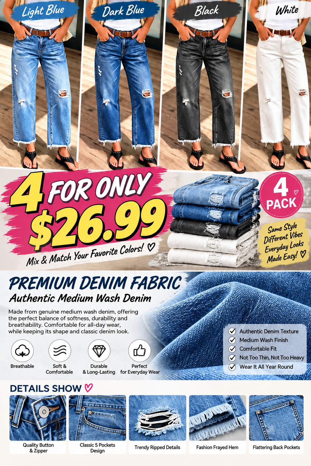 🔥4 FÜR NUR 26,99 €! Damen-Cropped-Jeans mit mittelhohem Bund & geradem Bein – lässiger Used-Look mit Rissen und offenem Saum. Nur für kurze Zeit!