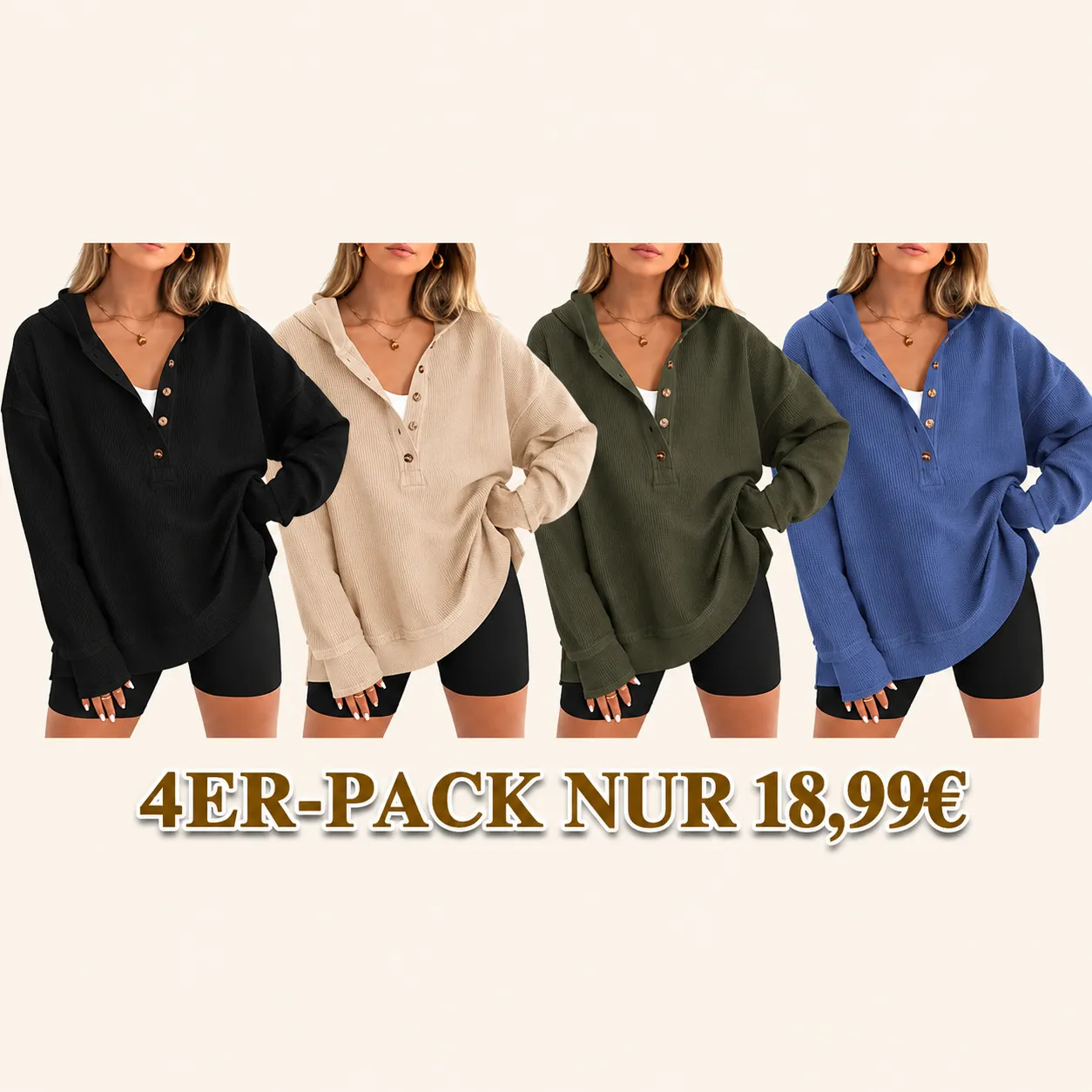 🔥 8 STÜCK FÜR NUR 24,98 €! Oversize-Damen-Hoodie mit V-Ausschnitt – lässiger Pullover mit Knopfleiste und seitlichen Schlitzen
