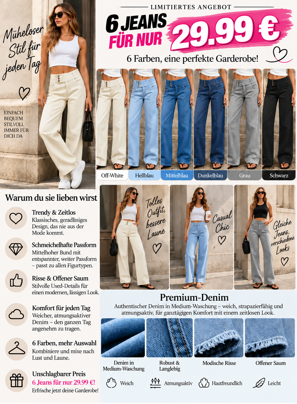 🔥 6 STÜCK FÜR NUR 29,99 €! Damenhose mit asymmetrischer Knopfleiste, mittelhohem Bund & geradem Bein – 🔥 Nur für kurze Zeit im SALE!