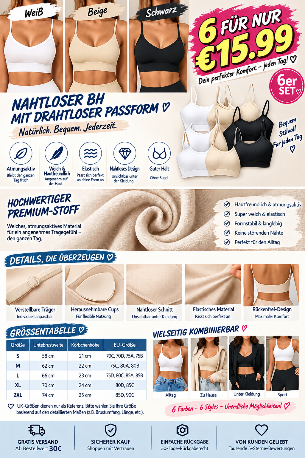 🔥 6 Artikel für nur 15,99 €! Kabelloser, rückenfreier Damen-BH in Unifarben