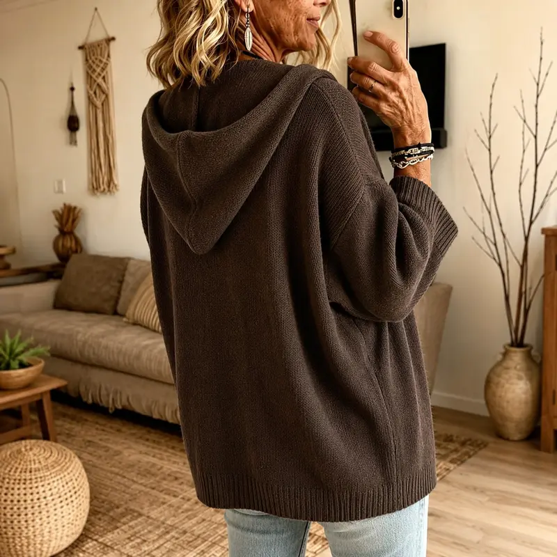Hooded Cardigan for Women, Relaxed Open-Front Knit Sweater with 3/4 Sleeves, Cotton Blend Fall Top for Casual Daily Layering & Everyday Outfits