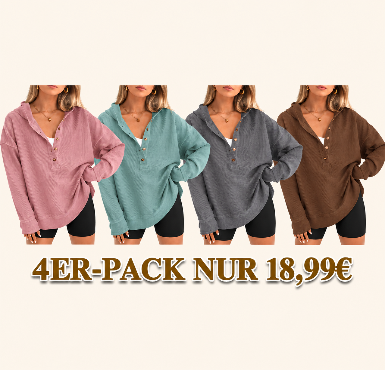 🔥 8 Hoodies für nur 2,99 €! Oversize-Hoodie für Damen mit V-Ausschnitt – lässiger Schnitt, Seitenschlitze und Knopfleiste. 