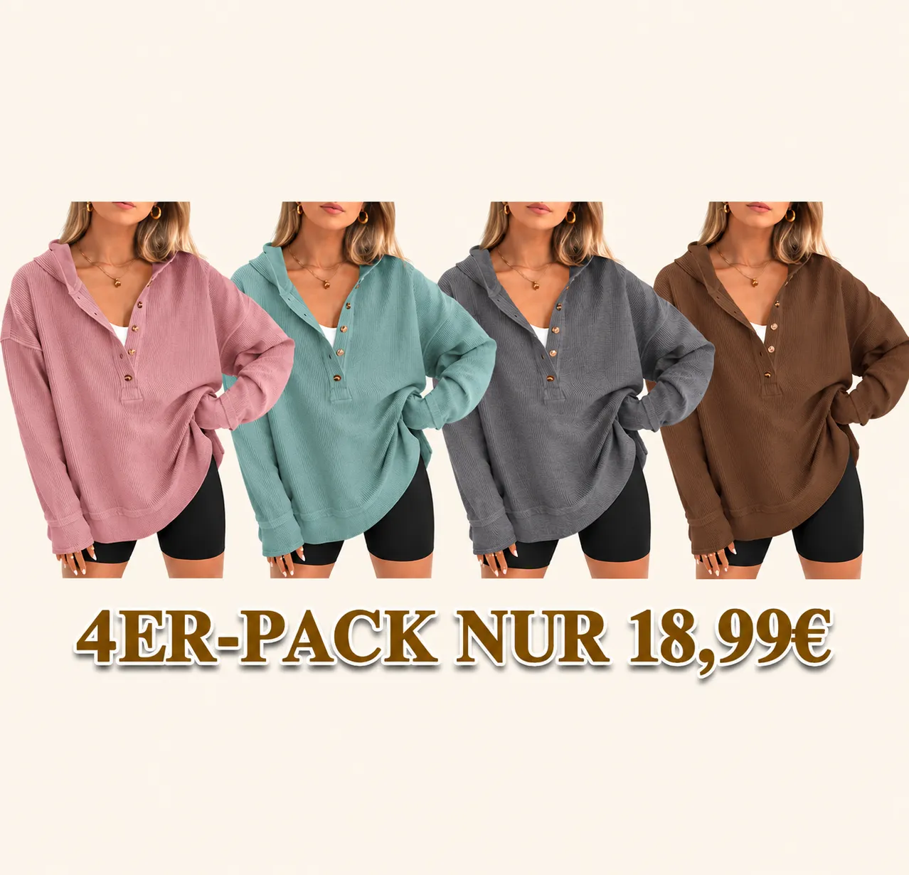 🔥 8 STÜCK FÜR NUR 24,98 €! Oversize-Damen-Hoodie mit V-Ausschnitt – lässiger Pullover mit Knopfleiste und seitlichen Schlitzen